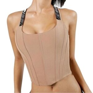 I.AM.GIA Brown Tan Black Lace back Corset Top with Logo on straps
